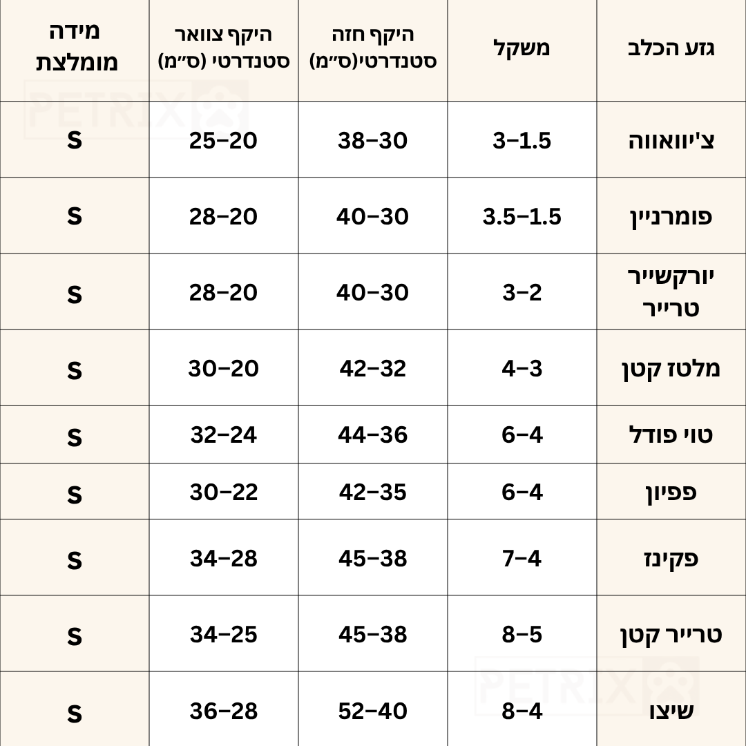 טבלת מידות רתמה לכלב