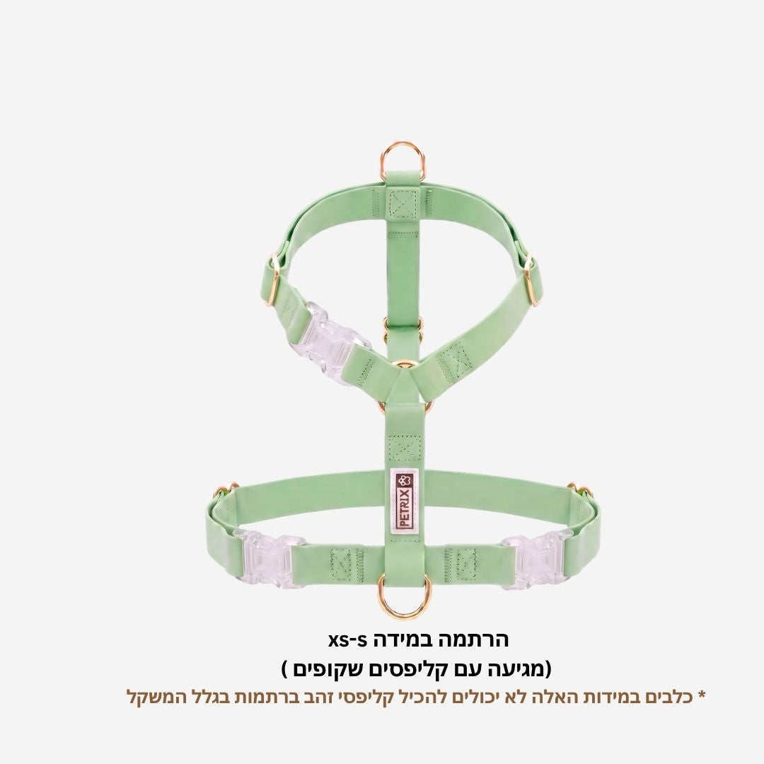 רתמה לכלב מסיליקון בצבע ירוק פיסטוק במידה XS-S עם קליפסים שקופים לכלבים קטנים