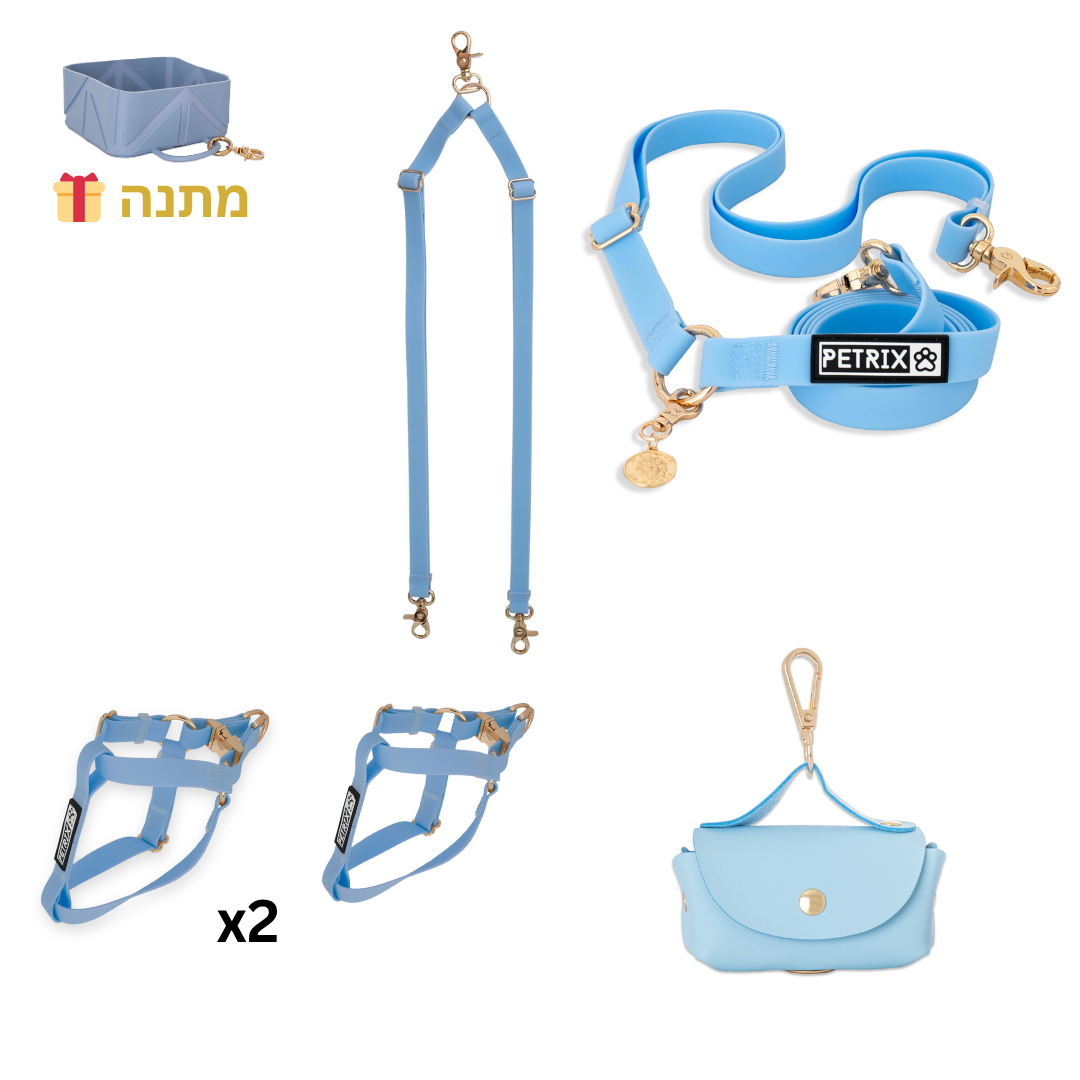 סט טיול תואם לשני כלבים כחול - רתמות