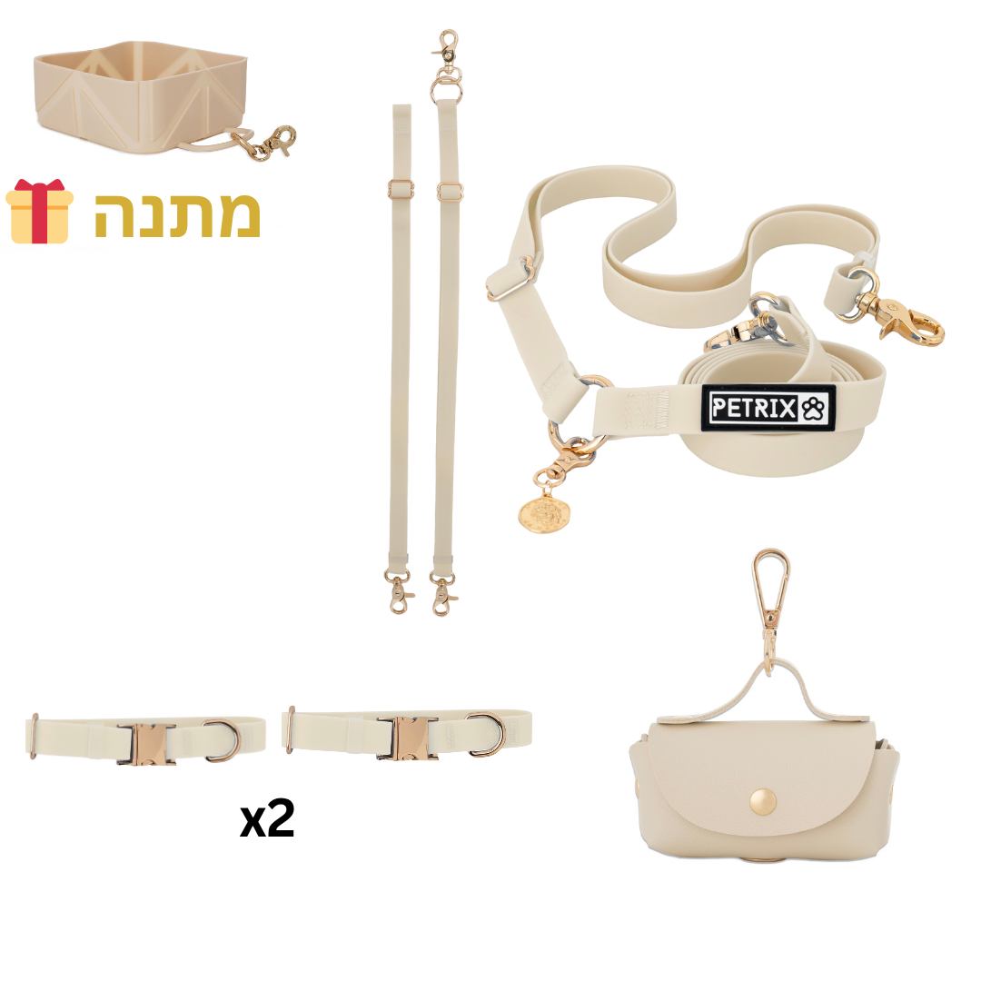 סט טיול תואם לשני כלבים בז - קולרים