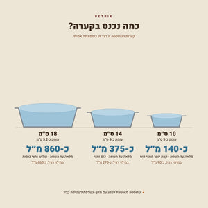 נפח קערות הנירוסטה: 10 ס״מ כ-140 מ״ל, 14 ס״מ כ-375 מ״ל, 18 ס״מ כ-860 מ״ל
