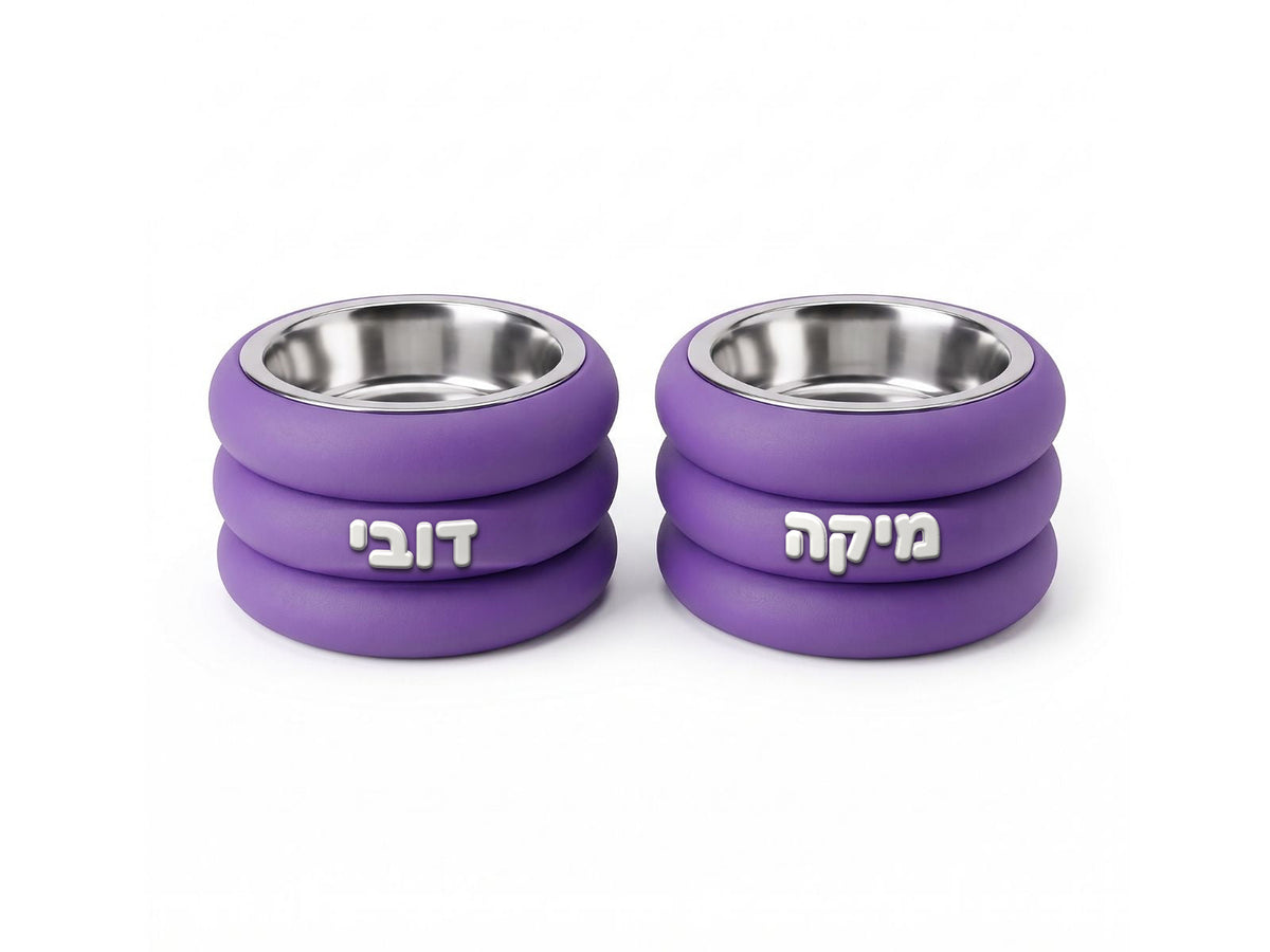 זוג קערות מוגבהות Kumo בצבע סגול לאוכל ולמים, עם שם הכלב בבולט – Petrix