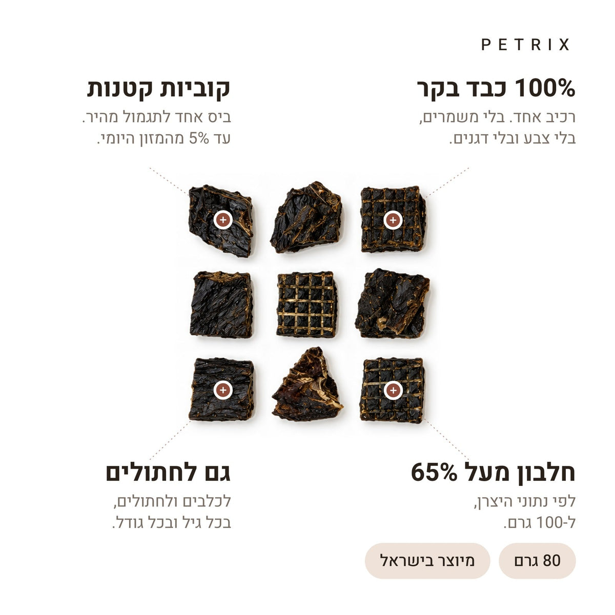 חטיפי אילוף כבד בקר לכלבים – רכיב אחד, חלבון גבוה, קוביות קטנות