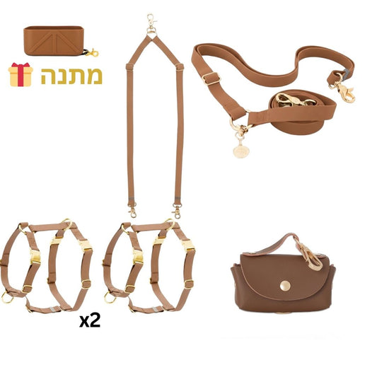 סט טיול תואם לשני כלבים חום – רתמות
