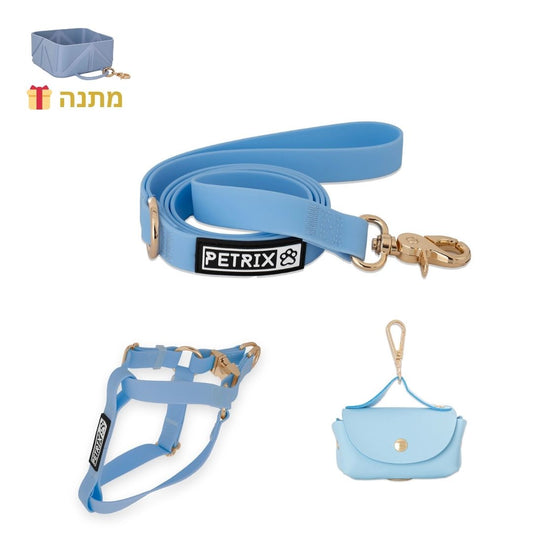 סט תואם לכלב - רצועה + תיק לשקיות + רתמה | כחול אוקיינוס