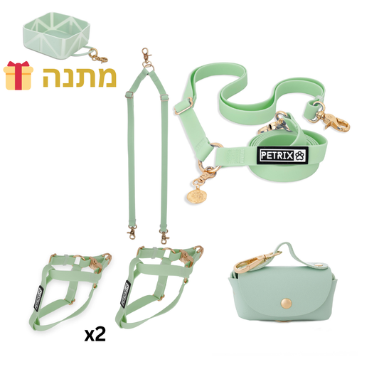 סט טיול תואם לשני כלבים ירוק - רתמות
