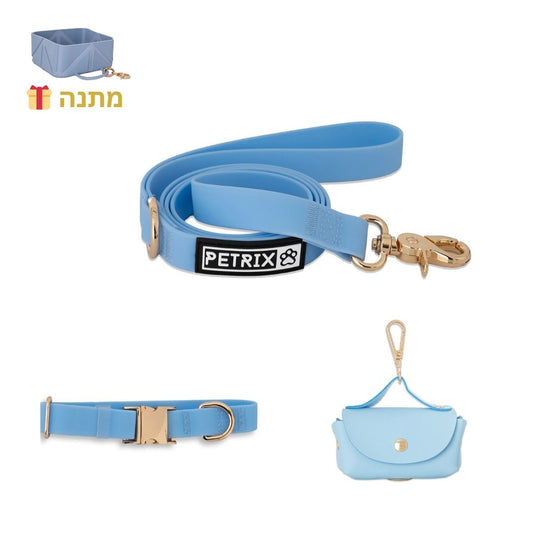 סט תואם לכלב - רצועה + תיק לשקיות + קולר | כחול אוקיינוס