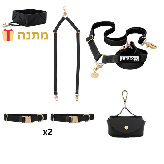 סט טיול תואם לשני כלבים שחור - קולרים
