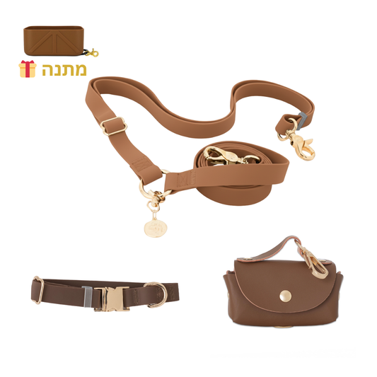 רצועה ללא ידיים + קולר הסט מלא | חום קלאסי