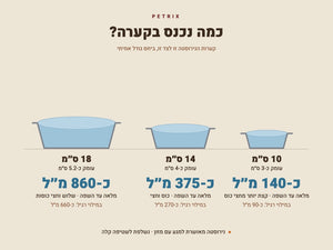 נפח קערות הנירוסטה: 10 ס״מ כ-140 מ״ל, 14 ס״מ כ-375 מ״ל, 18 ס״מ כ-860 מ״ל